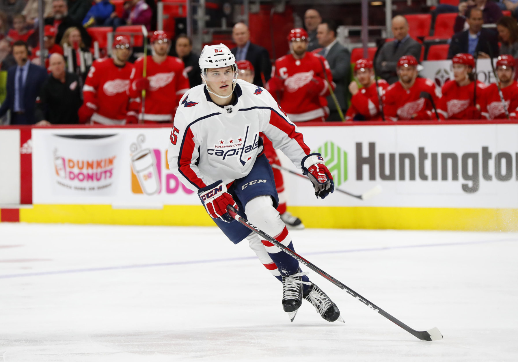 Washington Capitals left wing Andre Burakovsky (65) skates against the Detroit Red Wings in the first period of an NHL hockey game Thursday, March 22, 2018, in Detroit. (AP Photo/Paul Sancya)