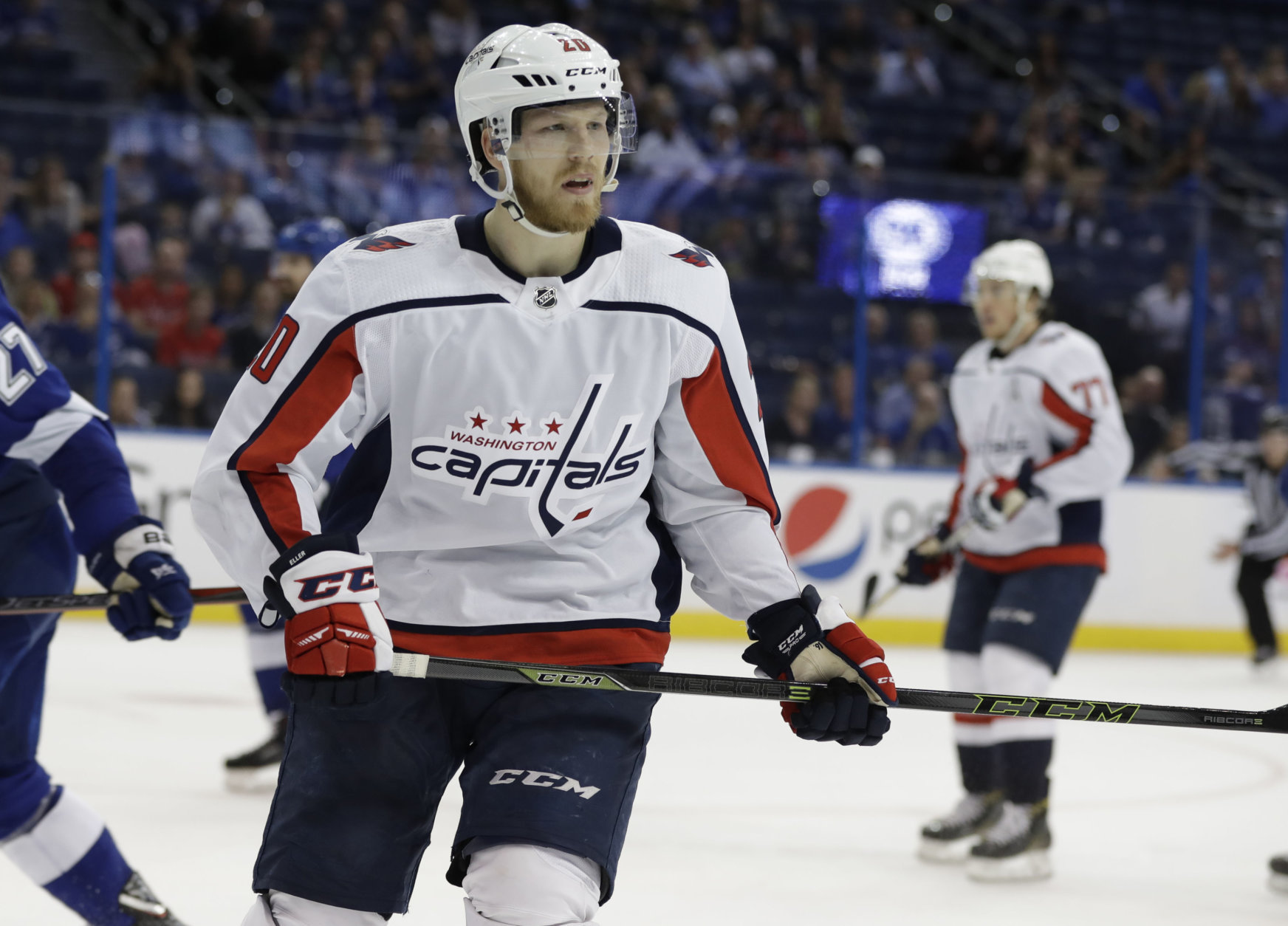 Washington Capitals center Lars Eller (20) during the third period of Game 2 of the NHL Eastern Conference finals hockey playoff series against the Tampa Bay Lightning Sunday, May 13, 2018, in Tampa, Fla. The Capitals won the game 6-2. (AP Photo/Chris O'Meara)