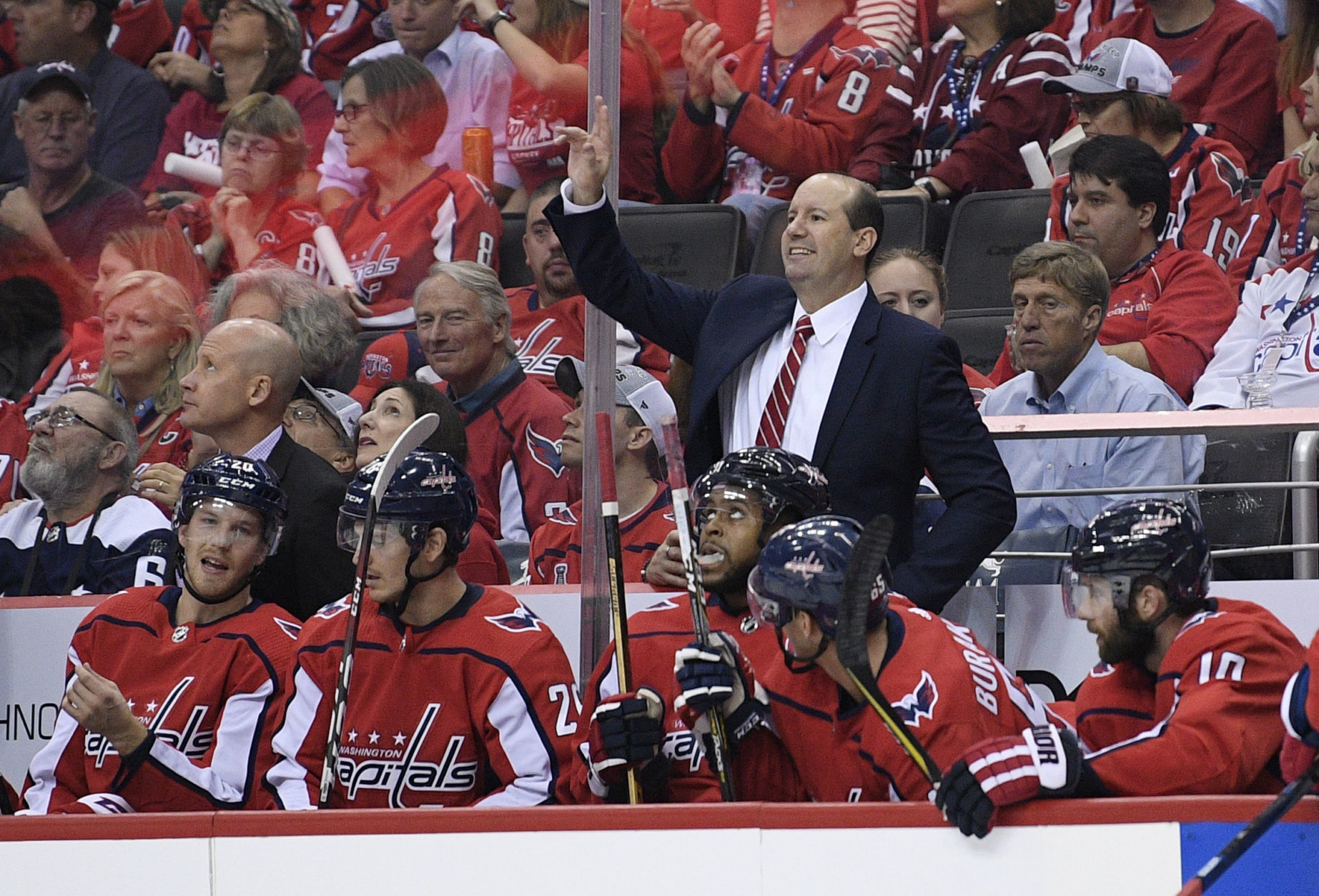 Washington Capitals head coach Todd Reirden gestures from the bench during the first period of an NHL hockey game against the Boston Bruins, Wednesday, Oct. 3, 2018, in Washington. (AP Photo/Nick Wass)