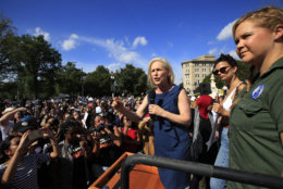Sen. Kirsten Gillibrand, D-N.Y., with actress and comedian Amy Schumer, right, speaks at a rally against Supreme Court nominee Brett Kavanaugh at the Supreme Court in Washington, Thursday, Oct. 4, 2018. (AP Photo/Manuel Balce Ceneta)