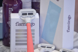 In this Thursday, Oct. 11, 2018, photo products from Harry's new shaving and body care brand Flamingo are displayed in New York. Flamingo, which launches Tuesday, Oct. 16, is a new direct-to-consumer hair removal and body care brand for women that aims to make women less uncomfortable about shaving. “This category has been historically very taboo,” said Allie Melnick, the general manager for Flamingo. (AP Photo/Bebeto Matthews)