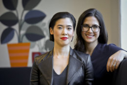 In this Thursday, Oct. 11, 2018, photo Brittania Boey, left, and Allie Melnick, right, leaders behind Harry's new shaving and body care brand Flamingo pose for a photo in New York. The company behind men’s shaving brand Harry’s is launching Flamingo, a new direct-to-consumer hair removal and body care brand for women, that aims to make women less uncomfortable about shaving. (AP Photo/Bebeto Matthews)