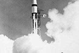 A 224-foot high Saturn IB space vehicle is lifted off at 11:03 a.m. EST from Launch Complex 34 at Cape Kennedy, Fla., Oct. 11, 1968.  The space rocket is carrying  Apollo 7 astronauts Walter M. Schirra Jr., commander; Donn F. Eisele, command module pilot; and Walter Cunningham, lunar module pilot.  The open-ended mission, scheduled to span 11 days, is designed to qualify the three-man Apollo spacecraft system for future voyages planned by NASA.  (AP Photo)