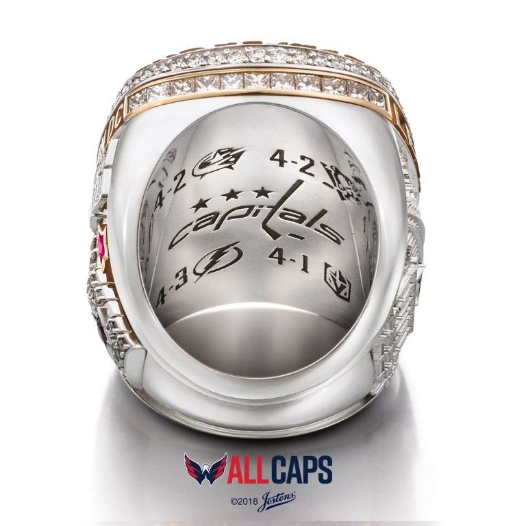 The interior of the ring is engraved with the Capitals’ logo surrounded by the logos and series scores. (Courtesy Washington Capitals / Jostens)