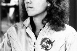 Close up of suited Christa McAuliffe during briefing in 1985. (AP Photo)