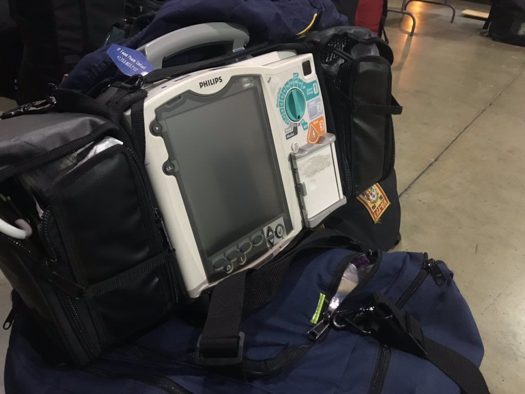Portable medical equipment carried by a member of VA-TF1. Since local hospitals might be overwhelmed or disabled, search and rescue teams are equipped to handle medical emergencies including heart issues and injuries. (WTOP/Neal Augenstein)