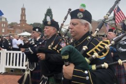 Bagpipe leaders join a procession in honor of fallen firefighters across the nation. (WTOP/Melissa Howell)
