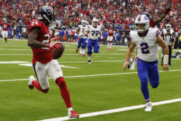 HOUSTON, TX - OCTOBER 14:  Johnathan Joseph #24 of the Houston Texans scores on an intereption as Nathan Peterman #2 of the Buffalo Bills is late on the coverage at NRG Stadium on October 14, 2018 in Houston, Texas.  (Photo by Bob Levey/Getty Images)