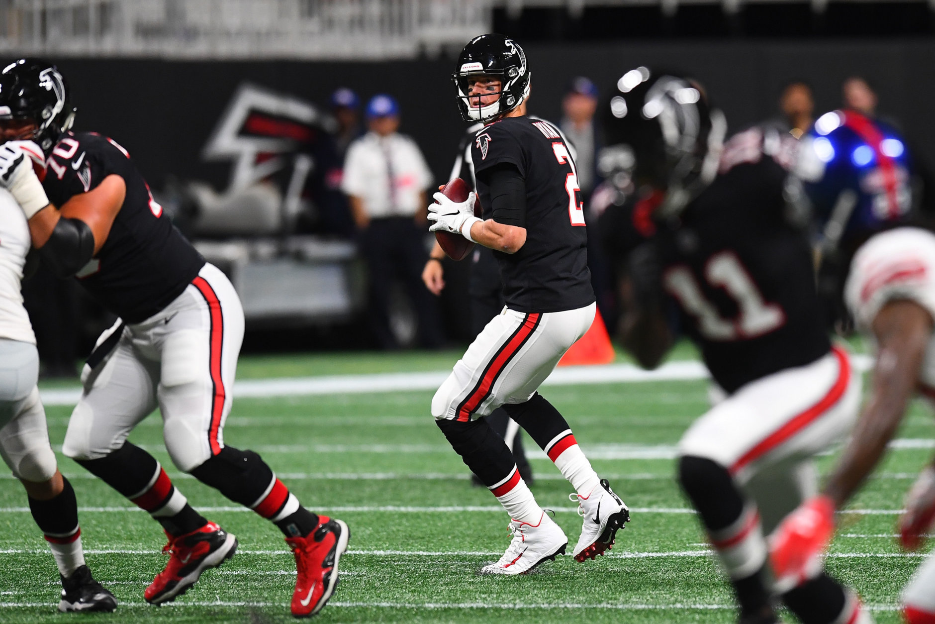 ATLANTA, GA - OCTOBER 22: Matt Ryan #2 of the Atlanta Falcons looks to pass during the first quarter against the New York Giants at Mercedes-Benz Stadium on October 22, 2018 in Atlanta, Georgia. (Photo by Scott Cunningham/Getty Images)