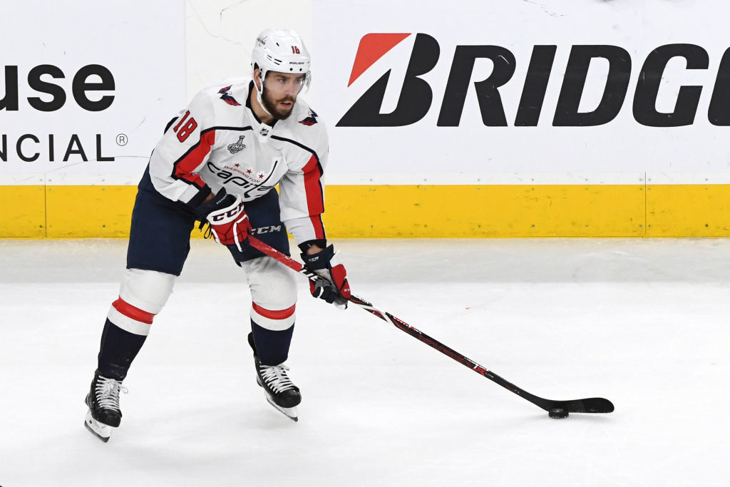 LAS VEGAS, NV - MAY 30:  Chandler Stephenson #18 of the Washington Capitals handles the puck against the Vegas Golden Knights in Game Two of the 2018 NHL Stanley Cup Final at T-Mobile Arena on May 30, 2018 in Las Vegas, Nevada.  (Photo by Ethan Miller/Getty Images)