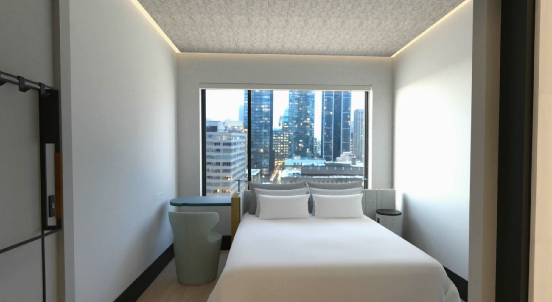 Guest rooms at Motto will average just 163 square feet, but will include space-saving features like wall-beds, loft beds, segmented shower and toilet stalled and multi-functional furniture that can be stowed away when not in use. (Courtesy Hilton)