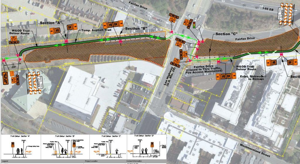 Renderings show traffic detours planned for construction of the new bike and pedestrian bridge over Lee Highway in East Falls Church. (Courtesy VDOT)