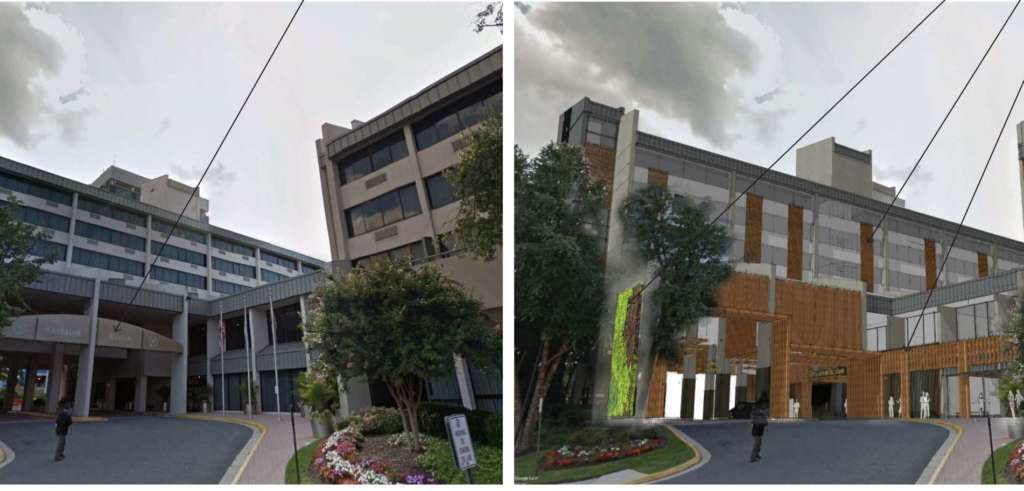 The current Sheraton hotel in Reston (left) and the proposed renovations (right). (Courtesy handout/Reston Association)