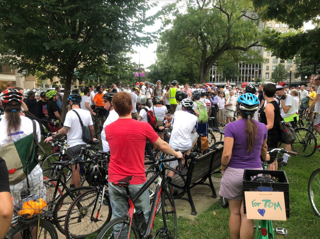 Last week, Thomas Hollowell was riding to work at the Smithsonian National Museum of Natural History when he was hit by a dark sedan that D.C. police said ran a red light on 12th Street Northwest at Constitution Avenue. (WTOP/Mike Murillo)