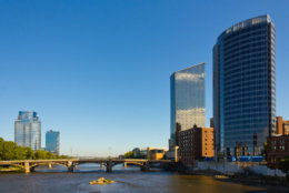 A view across the Grand River at the skyline of Grand Rapids, Michigan.