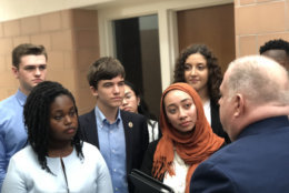 Maryland Gov. Larry Hogan spoke to students about the new school safety tip line. They got a tour of the Maryland Emergency Management Agency facility in Reisterstown, Maryland, on Wednesday, Oct. 3, 2018. (WTOP/Kate Ryan)