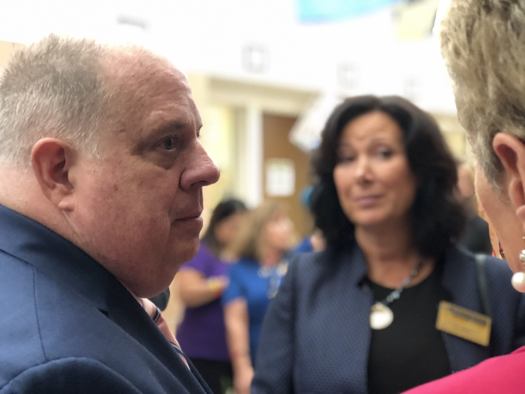 Maryland Gov. Larry Hogan spoke to state school board officials about the "Safe Schools Maryland" app and tip line at the Maryland Emergency Management Agency facility in Reisterstown, Maryland, on Wednesday, Oct. 3, 2018. (WTOP/Kate Ryan)