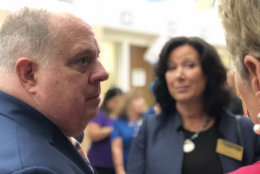 Maryland Gov. Larry Hogan spoke to state school board officials about the "Safe Schools Maryland" app and tip line at the Maryland Emergency Management Agency facility in Reisterstown, Maryland, on Wednesday, Oct. 3, 2018. (WTOP/Kate Ryan)
