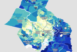 The study mapped out parts of the D.C. area by "healthy places index scores," which shows "high opportunity for health and well-being" in yellow and low opportunity of that in blue. (Credit: VCU Center on Society and Health)