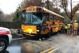 Multiple students were hurt when a bus collided with a trash truck Monday morning in Montgomery County. (Courtesy NBC4/Adam Tuss)