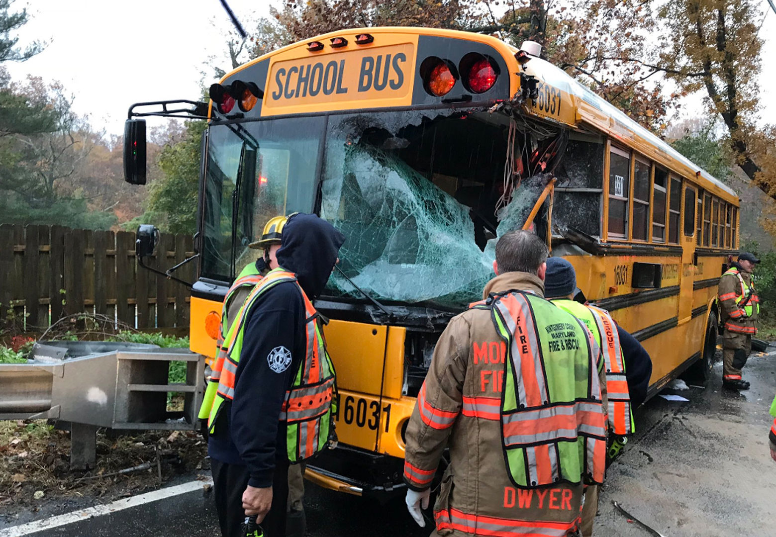 Officials respond to the scene where a bus collided with a trash truck Monday morning in Montgomery County. (Courtesy NBC4/Adam Tuss)