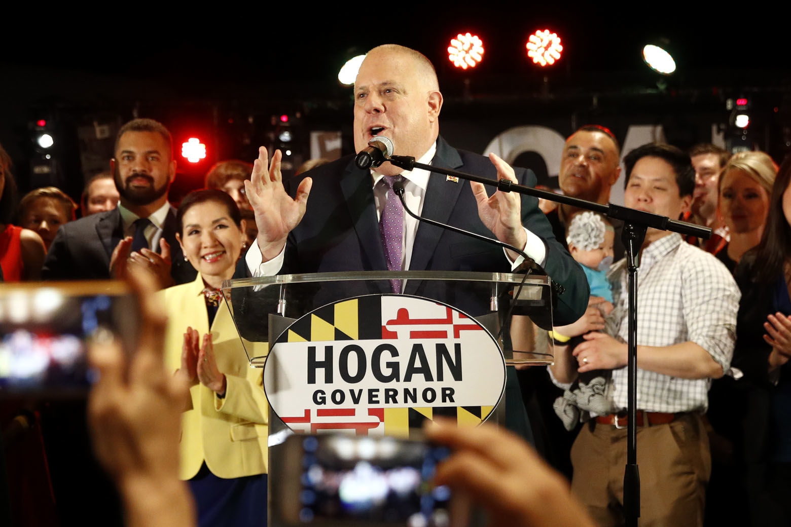 Maryland Gov. Larry Hogan delivers remarks at an election night party, Tuesday, Nov. 6, 2018, in Annapolis, Md. Hogan earned a second term after defeating Democratic opponent Ben Jealous. (AP Photo/Patrick Semansky)