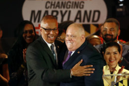 Maryland Gov. Larry Hogan, right, celebrates with Lt. Gov. Boyd Rutherford at an election night party, Tuesday, Nov. 6, 2018, in Annapolis, Md. Hogan earned a second term after defeating Democratic opponent Ben Jealous. (AP Photo/Patrick Semansky)