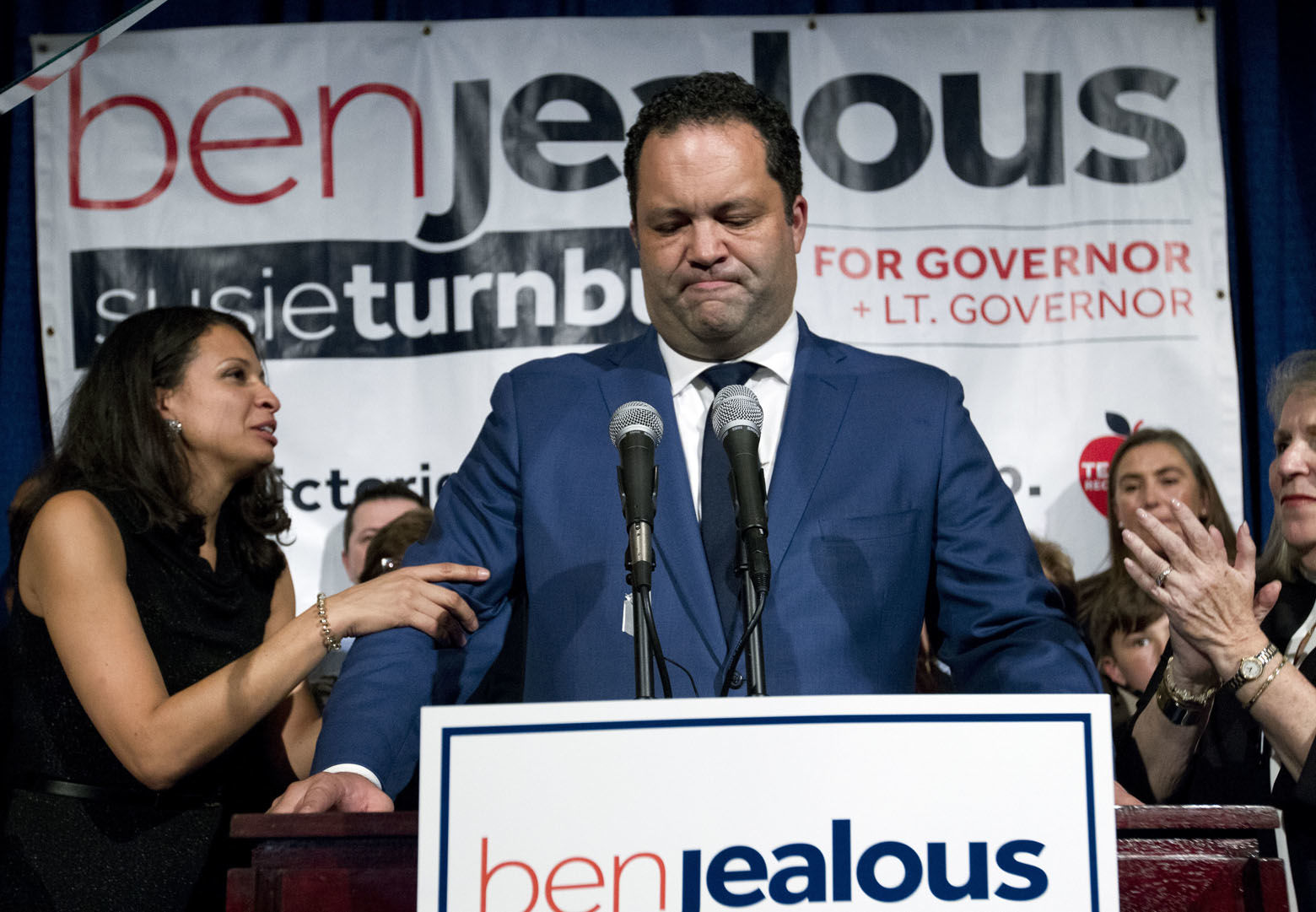 Maryland Democratic gubernatorial candidate Ben Jealous speaks to supporters at an election night party in Baltimore, Md., after conceding to Maryland Gov. Larry Hogan, Tuesday, Nov. 6, 2018. (AP Photo/Jose Luis Magana)