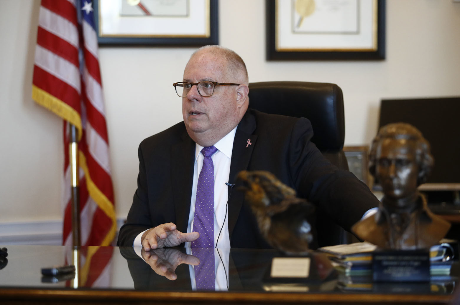 Maryland Gov. Larry Hogan speaks during an interview with The Associated Press, Thursday, Oct. 25, 2018, in his office at the Maryland State House in Annapolis, Md. Hogan is running for re-election against Democratic candidate Ben Jealous. (AP Photo/Patrick Semansky)
