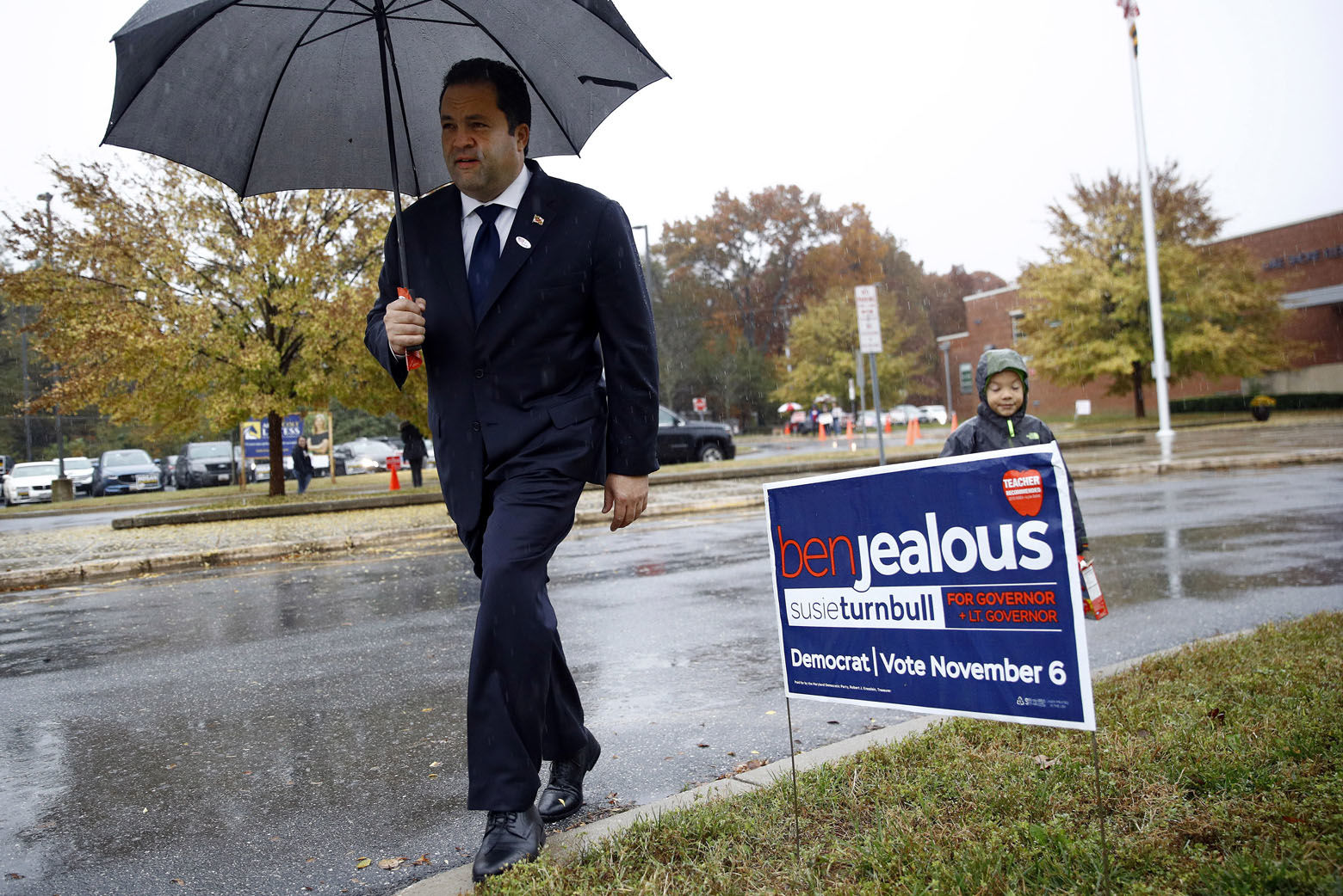 Maryland Democratic gubernatorial candidate Ben Jealous leaves a polling place after voting, Tuesday, Nov. 6, 2018, at Lake Shore Elementary School in Pasadena, Md. Jealous is running against incumbent Gov. Larry Hogan. (AP Photo/Patrick Semansky)