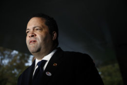 Maryland Democratic gubernatorial candidate Ben Jealous speaks with the news media, Tuesday, Nov. 6, 2018, after voting at a polling place at Lake Shore Elementary School in Pasadena, Md. Jealous is running against incumbent Gov. Larry Hogan. (AP Photo/Patrick Semansky)
