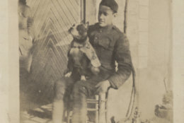 This undated photograph provided by the Connecticut State Library shows Cpl. J Robert Conroy, of New Britain, and his famed war dog Stubby during World War I. Stubby is the subject of a new animated movie being released on April 13, 2018. (Connecticut State Library via AP)
