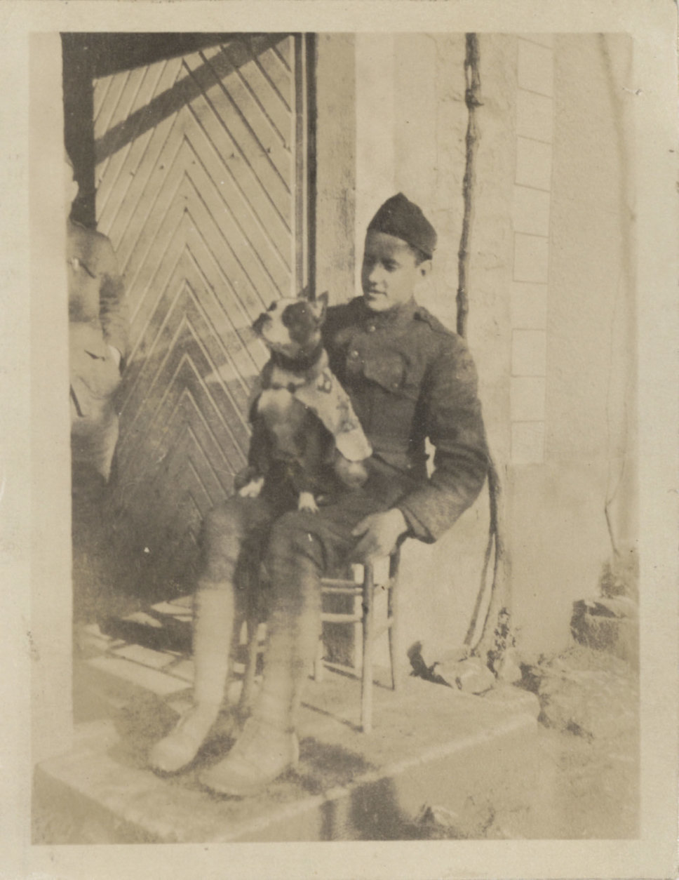 This undated photograph provided by the Connecticut State Library shows Cpl. J Robert Conroy, of New Britain, and his famed war dog Stubby during World War I. Stubby is the subject of a new animated movie being released on April 13, 2018. (Connecticut State Library via AP)