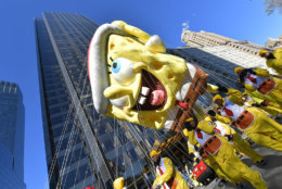 NEW YORK, NY - NOVEMBER 22:  The SpongeBob SquarePants balloon floats 
along the parade route during the 2018 Macy's Thanksgiving Day Parade on November 22, 2018 in New York City.  (Photo by Michael Loccisano/Getty Images)