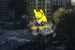 NEW YORK, NY - NOVEMBER 22: The Pikachu balloon floats during the 92nd annual Macy's Thanksgiving Day Parade on November 22, 2018 in New York City. (Photo by Kena Betancur/Getty Images)