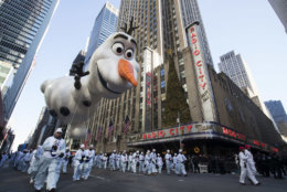 The Olaf balloon floats past Radio City Music Hall during the 92nd annual Macy's Thanksgiving Day Parade, Thursday, Nov. 22, 2018, in New York. (AP Photo/Mary Altaffer)