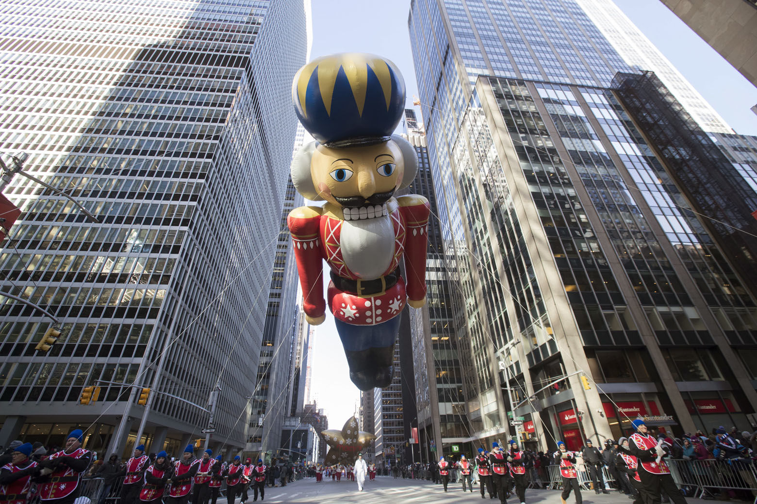 A nutcracker soldier balloon floats down 6th Avenue during the 92nd annual Macy's Thanksgiving Day Parade, Thursday, Nov. 22, 2018, in New York. (AP Photo/Mary Altaffer)