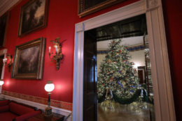 WASHINGTON, DC - NOVEMBER 26: At 18 feet tall, the official White House Christmas is dressed in over 500 feet of blue velvet ribbon embroidered in gold with each state and territory, on display inside the Blue Room at the White House November 26, 2018 in Washington, DC. The 2018 theme of the White House holiday decorations is 'American Treasures,' and features patriotic displays highlighting the country's 'unique heritage.' The White House expects to host 100 open houses and more than 30,000 guests who will tour the topiary trees, architectural models of major U.S. cities, the Gold Star family tree and national monuments in gingerbread. (Photo by Chip Somodevilla/Getty Images)