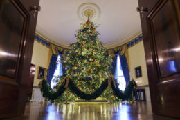 The official White House Christmas tree is seen in the Blue Room during the 2018 Christmas Press Preview at the White House in Washington, Monday, Nov. 26, 2018. The tree measures 18 feet tall and is dressed in over 500 feet of blue velvet ribbon embroidered in gold with each State and territory. Christmas has arrived at the White House. First lady Melania Trump unveiled the 2018 White House holiday decor on Monday. She designed the decor, which features a theme of "American Treasures." (AP Photo/Carolyn Kaster)