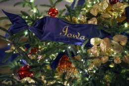 A detail of the official White House Christmas tree is seen in the Blue Room during the 2018 Christmas Press Preview at the White House in Washington, Monday, Nov. 26, 2018. The tree measures 18 feet tall and is dressed in over 500 feet of blue velvet ribbon embroidered in gold with each State and territory. Christmas has arrived at the White House. First lady Melania Trump unveiled the 2018 White House holiday decor on Monday. She designed the decor, which features a theme of "American Treasures." (AP Photo/Carolyn Kaster)