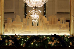 WASHINGTON, DC - NOVEMBER 26: Holiday decorations in the East Room celebrate American architecture and design with a custom mantelpiece of the St. Louis skyline at the White House November 26, 2018 in Washington, DC. The 2018 theme of the White House holiday decorations is 'American Treasures,' and features patriotic displays highlighting the country's 'unique heritage.' The White House expects to host 100 open houses and more than 30,000 guests who will tour the topiary trees, architectural models of major U.S. cities, the Gold Star family tree and national monuments in gingerbread. (Photo by Chip Somodevilla/Getty Images)