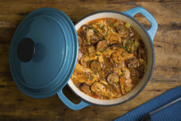 This Oct. 20, 2017 photo provided by The Culinary Institute of America shows a Cajun-style stew with andouille and turkey in Hyde Park, N.Y. This dish is from a recipe by the CIA. (Phil Mansfield/The Culinary Institute of America via AP)