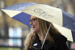 Virginia Democratic congressional candidate Jennifer Wexton, a former prosecutor and current Democratic state senator, greets voters at the Clarke County School Offices, Tuesday, Nov. 6, 2018 in Berryville, Va. Wexton is running against two-term Rep. Barbara Comstock, R-Va. (AP Photo/Douglas Graham)