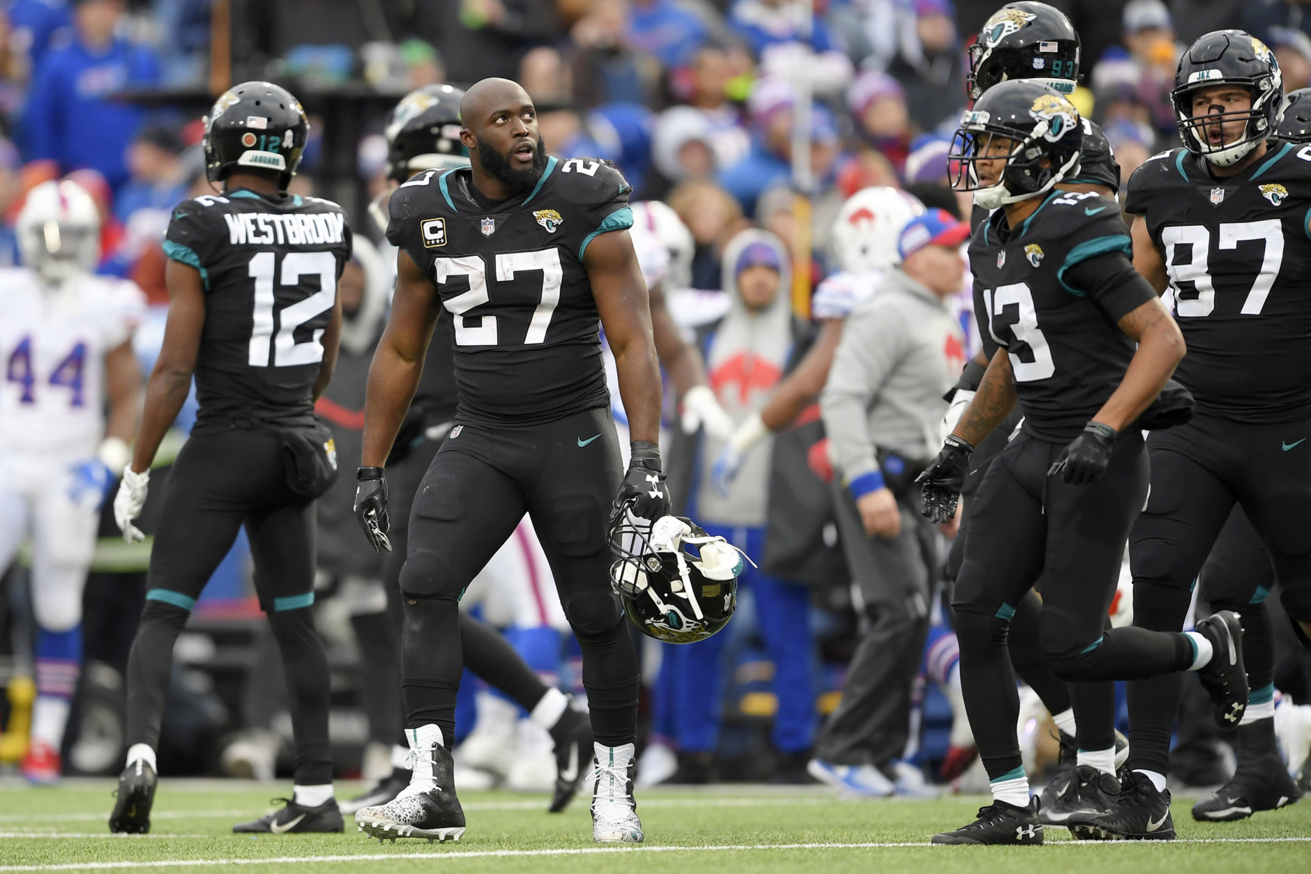 Jacksonville Jaguars running back Leonard Fournette (27) looks on after being ejected from the game after an altercation with Buffalo Bills defensive end Shaq Lawson, not pictured, during the second half of an NFL football game, Sunday, Nov. 25, 2018, in Orchard Park, N.Y. (AP Photo/Adrian Kraus)