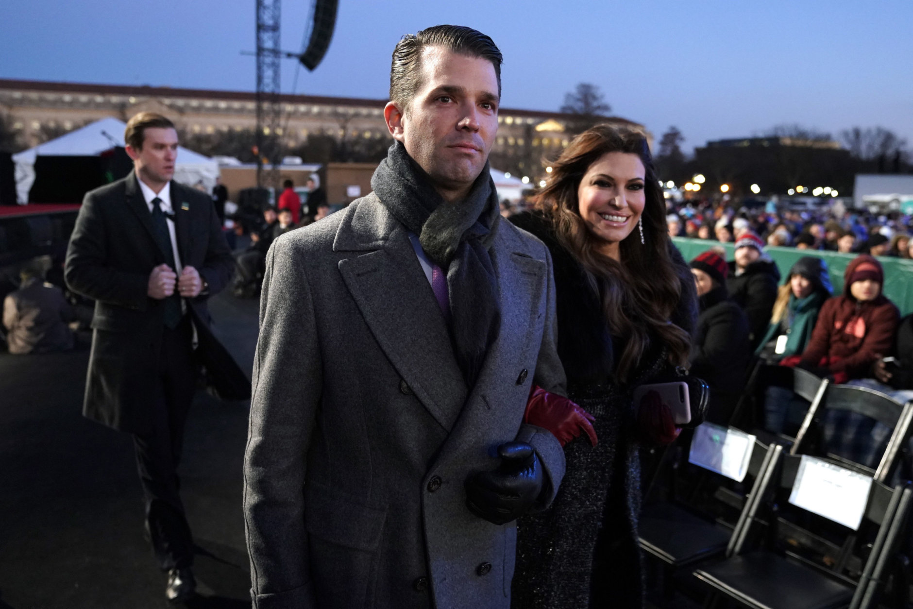 Donald Trump Jr. and Kimberly Guilfoyle arrive ahead of President Donald Trump and first lady Melania Trump for the lighting of the National Christmas Tree lighting ceremony at the Ellipse near the White House in Washington, Wednesday, Nov. 28, 2018. (AP Photo/Andrew Harnik)