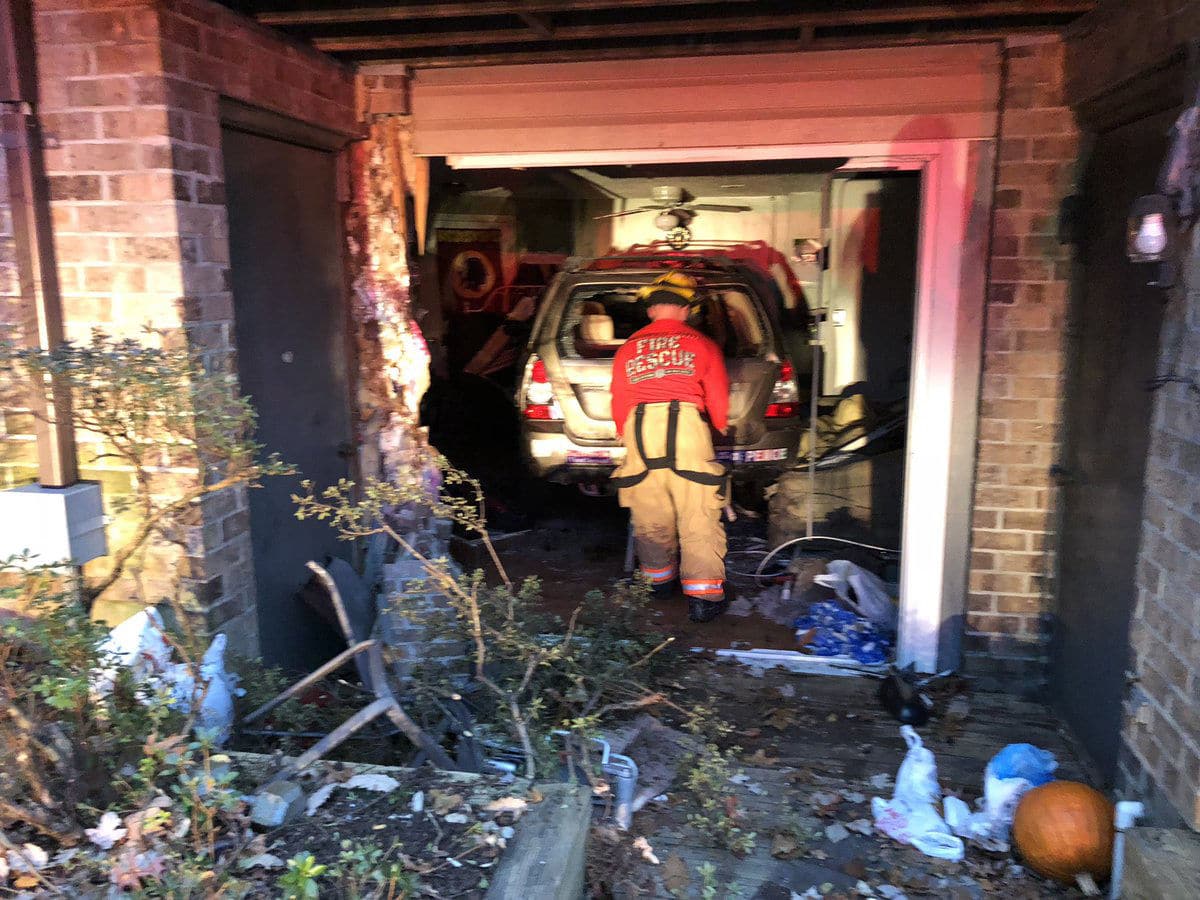 Three people have been hurt and a family has been displaced after a car drove into an apartment building in Damascus, Maryland. (Courtesy Montgomery County Fire and Rescue Service)