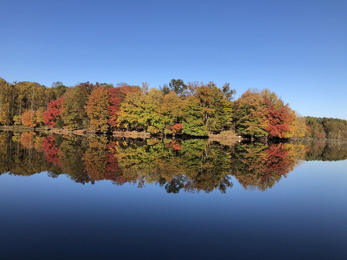 The bright orange, reds and yellows are reflected in the water of Lake Needwood in Montgomery County, Maryland. (Courtesy @AlvinChee2020) 