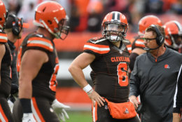 CLEVELAND, OH - NOVEMBER 04:  Baker Mayfield #6 of the Cleveland Browns reacts after throwing an interception during the fourth quarter against the Kansas City Chiefs at FirstEnergy Stadium on November 4, 2018 in Cleveland, Ohio. (Photo by Jason Miller/Getty Images)