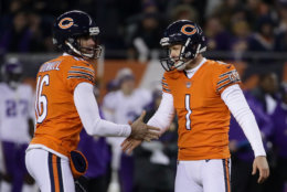 CHICAGO, IL - NOVEMBER 18:  Pat O'Donnell #16 and Cody Parkey #1 of the Chicago Bears celebrate after Parkey completes a field goal against the Minnesota Vikings in the second quarter at Soldier Field on November 18, 2018 in Chicago, Illinois.  (Photo by Jonathan Daniel/Getty Images)