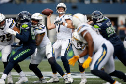 SEATTLE, WASHINGTON - NOVEMBER 04:  Philip Rivers #17 of the Los Angeles Chargers throws a pass in the second quarter against the Seattle Seahawks at CenturyLink Field on November 04, 2018 in Seattle, Washington. (Photo by Otto Greule Jr/Getty Images)